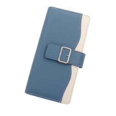 Imagem de Carteira feminina de couro genuíno com dobra dupla/tripla - Suporte minimalista para cartão de crédito com bloqueio de RFID e bolso para moedas, Azul, Casual