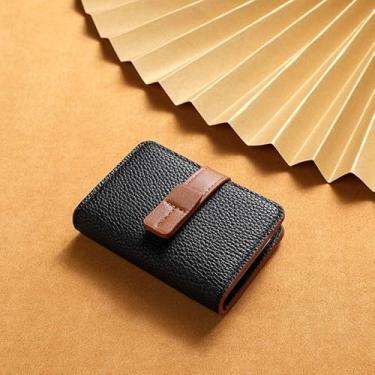 Imagem de Carteira feminina de couro genuíno com dobra dupla/tripla - Suporte minimalista para cartão de crédito com bloqueio de RFID e bolso para moedas, Preto, Casual