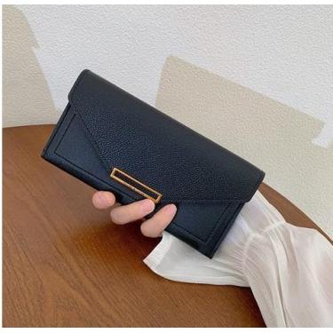 Imagem de Carteira feminina de couro genuíno com dobra dupla/tripla - Suporte minimalista para cartão de crédito com bloqueio de RFID e bolso para moedas, Preto, Casual