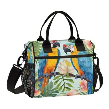 Imagem de GAIGEO Lancheira isolada de papagaios coloridos e flores azuis com alças, lancheira isolada média, lancheira para mulheres trabalhadoras, M