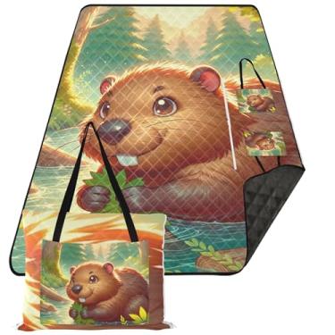 Imagem de TSENQUE Tapete de piquenique dobrável com estampa de animal de castor, lindos cobertores de areia para praia, estampa à prova de areia, cobertor de acampamento para grama 299 x 203 cm