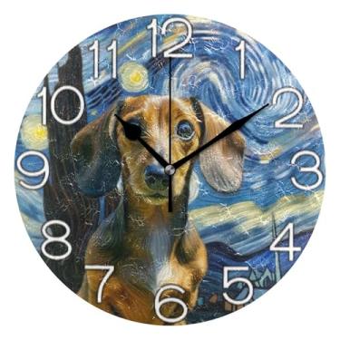 Imagem de GAIGEO Relógio de parede analógico decorativo funky alimentado por bateria relógio de cozinha rústico, retrô moderno art déco decoração de parede bonito dachshund noite estrelada, 25 cm, ponteiros