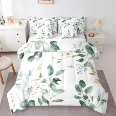 Imagem de Erosebridal Conjunto de edredom King botânico verde sálvia com lençóis, 7 peças, eucalipto, folhas douradas, primavera, aquarela, plantas, rústico, fazenda, natureza, folhas, decoração de quarto