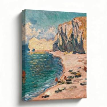 Imagem de Arte de parede em tela de penhasco de praia, pintura a óleo de paisagem marítima de barcos na costa, arte do oceano costeiro para banheiro, quarto, sala de estar, decoração de parede de casa de praia