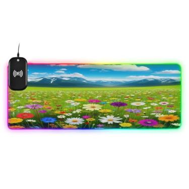 Imagem de CEBUGI Wildflowers Mouse Pad de carregamento sem fio 15W mouse pad rápido para jogos com 14 iluminação LED RGB para jogos, PC, laptop, mesa 90,9 x 39,9 cm