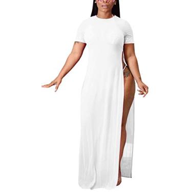 Imagem de Saída de praia sexy feminina casual transparente de malha de crochê vestido de verão, Branco B, P