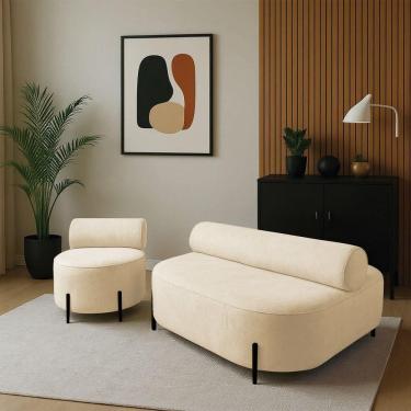 Imagem de Sofá Sala Ilha Orgânico E 1 Poltrona 125cm éden Pé Aço Preto Bouclê Bege E03 - D`rossi