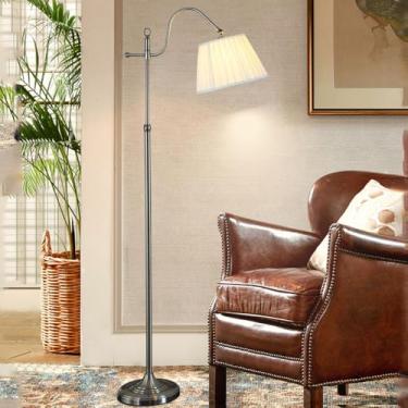 Imagem de Abajur de chão com cúpula de tecido, estilo vintage rústico, com estrutura de metal polido, altura ajustável, ideal para decoração de interiores. Luminária de chão com haste que protege os o