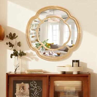 Imagem de Lzuso Espelho de parede, espelho emoldurado redondo de madeira irregular ondulado pendurado espelhos decorativos para sala de estar, quarto e entrada, decoração de casa de 50 cm