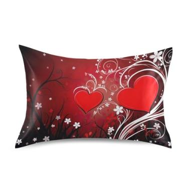 Imagem de Blueangle Fronha de cetim refrescante para cabelo e pele, capa de travesseiro coração vermelho dia dos namorados, tamanho padrão 51 x 66 cm com fecho de envelope (478)