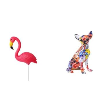 Imagem de Whtkoph Enfeite de Jardim de Fadas com Escultura de Flamingo E Cachorrinho Multicolorido para Festas de Primavera, Figura de Animal Realista para Decoração.