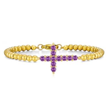 Imagem de Pulseira feminina com cruz de pedra do mês de nascimento, banhada a ouro 14 k, delicada, de aço inoxidável, zircônia cúbica, contas de fé, ajustável, moderna, joia de presente, Large, Aço inoxidável