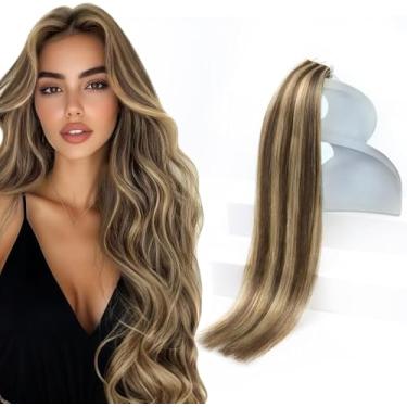 Imagem de Sunny Hair Extensões de cabelo humano real com fita adesiva invisível Remy extensões de cabelo para mulheres marrom escuro destaque caramelo loiro 45,7 cm 20 peças 50G