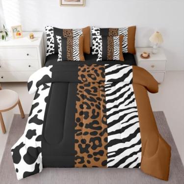Imagem de Jogo de cama solteiro com 7 peças, estampa de zebra de vaca guepardo em uma bolsa, conjunto de cama de animais de fazenda inclui edredom, conjunto de lençol, fronhas e fronhas, estampa de pele de