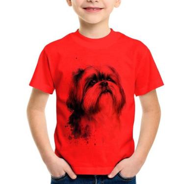 Imagem de Camiseta Infantil Cachorro Shih Tzu Watercolor - Foca na Moda, Vermelh