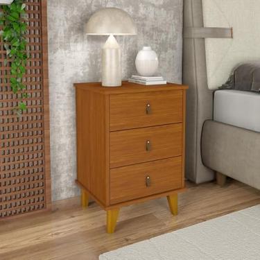 Imagem de Mesa de Cabeceira Retro com 3 Gavetas Criado Mudo com Puxador em Couro e Pés de Madeira(cedro)