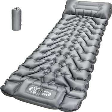 Imagem de Oramoose Almofada de dormir para acampamento, mochilão, tapete de dormir com travesseiro e bomba de pé embutidos, colchão de ar compacto de 10 cm de espessura para caminhada, barraca, viagem, carro