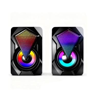 Imagem de Alto-falantes de computador para desktop ou laptop, alto-falantes estéreo RGB para jogos de PC 2.0 com graves surround estéreo, luzes LED de 7 cores, alto-falantes com fio de 3,5 mm alimentados por