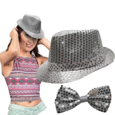 Imagem de Chapéu Malandro Carnaval Mais Gravata Borboleta Look Brilhante Prata