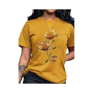Imagem de Camiseta Casual Feminina Com Estampa Floral E Gola Redonda, Microelast