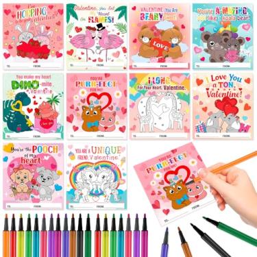 Imagem de HOWAF Cartões de colorir de dia dos namorados com canetas de tinta, faça seus próprios cartões de casal de animais dos namorados para sala de aula, suprimentos de troca de presentes de dia dos