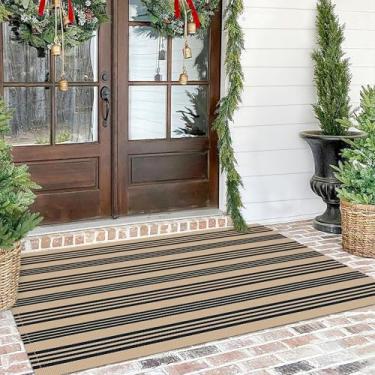 Imagem de KILOCOCO Tapete listrado 10 x 15 cm, tapete para porta da frente, tapete de boas-vindas ao ar livre, algodão, lavável, capacho em camadas para cozinha/fazenda/entrada/pátio, marrom