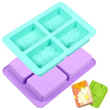Imagem de Pacote com 2 moldes de sabão de silicone, molde de sabão retangular de 4 cavidades, padrão floral, molde de silicone feito à mão, fácil de liberar, reutilizável para sabonete caseiro, bolo, pão, cubo