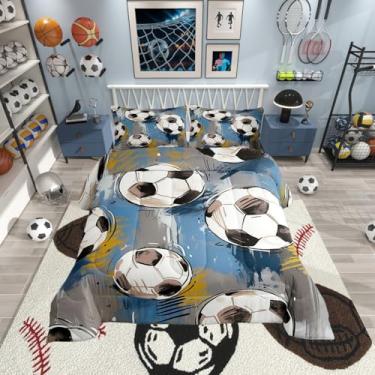 Imagem de Erosebridal Conjunto de edredom de futebol, solteiro, para meninos, crianças, adolescentes, jogos de bola, esportes, pintura a óleo, amarelo, azul, cinza, pinceladas decorativas, enchimento, edredom