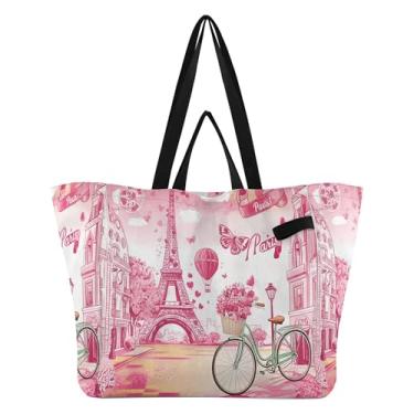 Imagem de SEHANY Sacola de compras reutilizável da Torre Eiffel de Paris com alças reforçadas, bolsa de compras de lona dobrável à prova d'água de grande capacidade para viagem, cozinha, praia