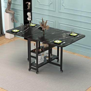 Imagem de ZXLPHA Mesa de jantar dobrável com 6 rodas, prateleira de armazenamento de 2 camadas, mesa de jantar dobrável para cozinha/fazenda/sala de estar, 4 a 6 pessoas