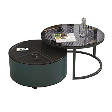 Imagem de U5GAAALPPQ9 Mesa de centro com mesa extensível de armazenamento na sala de estar, mesa de centro em madeira maciça e vidro temperado, verde escuro e laranja (verde escuro)