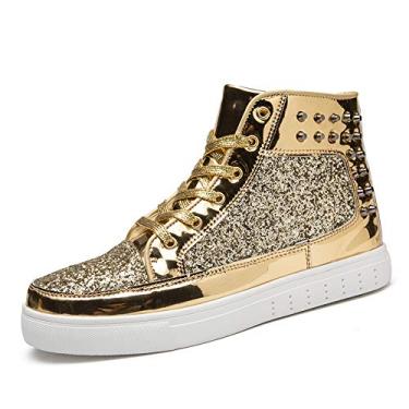 Imagem de IGxx Tênis masculino brilhante com glitter metálico spikes cano alto punk rebite brilhante, Spikes, ouro, 42