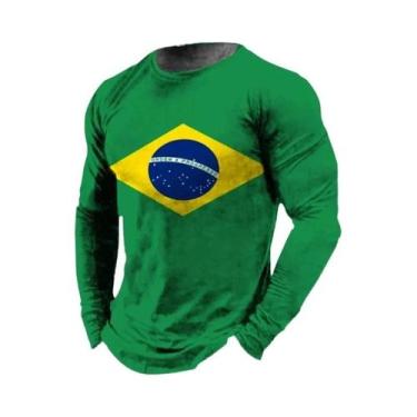 Imagem de Camiseta Masculina Retro Com Estampa 3D Da Bandeira Do Brasil, Manga L