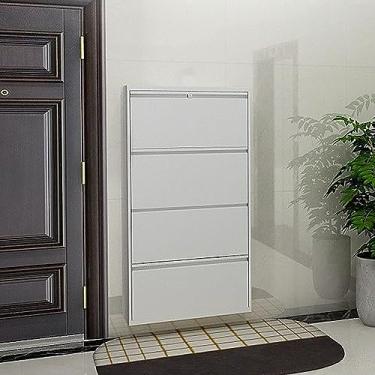 Imagem de Organizador de armário de sapatos de aço fino com 3 gavetas - organizador de armazenamento independente e montado na parede para entrada - Design moderno de balde com porta dobrável