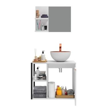 Imagem de Gabinete Banheiro Completo + Espelheira + Armário Espelho Decoração Industrial Metal Cobre Madeira(Branco)