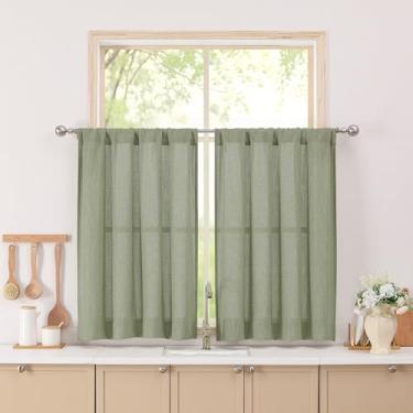 Imagem de Simplebrand Cortinas de cozinha de café com textura de linho sintético curto verde sálvia 91 cm de comprimento, 2 painéis, painéis de filtragem de luz semitransparentes sobre a pia, cortinas de bolso