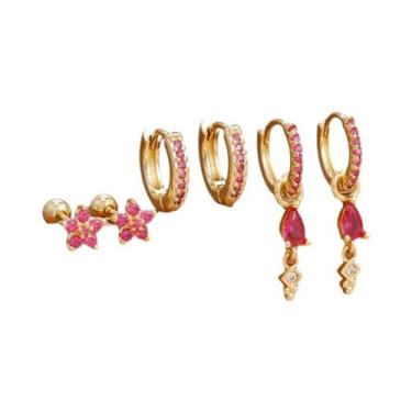 Imagem de Brincos De Argola Em Zircônia Vermelha Rosa, 6 Peças, Aço Inoxidável B
