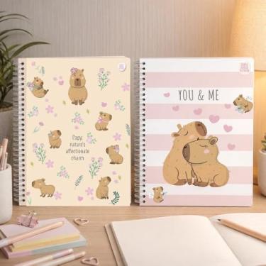 Imagem de Caderno Universitário Espiral Capivara, 80 Folhas Pautadas, Capa Dura, 27,5x20x1cm, Bege, com Adesivos e Manual de Libras