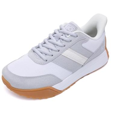 Imagem de N BESUNEW Tênis feminino com bico largo, plataforma de caminhada fácil de calçar e descalçar, com suporte de arco, calçados esportivos casuais confortáveis e retrô, Branco, cinza, 39