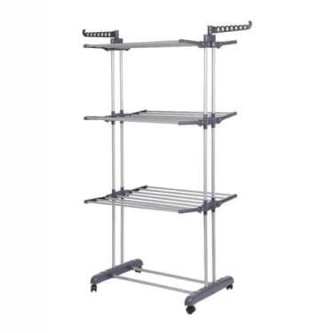 Imagem de Varal de Chão 3 Andares Dobrável - 4 Rodas Reforçado Portátil, Funcional para Secagem de Roupas e Artigos Domésticos (Cinza)