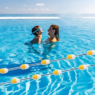 Imagem de Corda divisória de piscina – Marcador de faixa flutuante branco amarelo de 7,3 m, bóia de segurança interna e externa com 2 ganchos de metal para partição de piscina e divisão de pista de natação