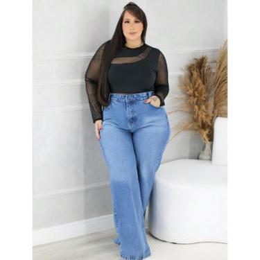 Imagem de Wide Leg Pantalona Jeans Plus Size Feminina cintura alta riscos - Mist
