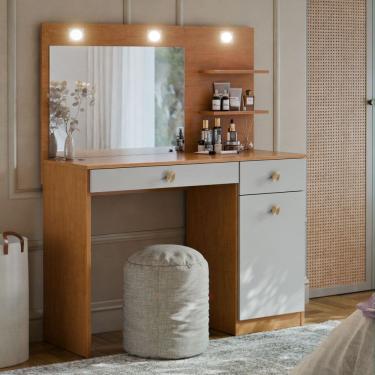 Imagem de Penteadeira Jolie com Espelho Grande e Luzes LED Camarim 1 Gaveta 1 Porta Prateleiras 90cm – Ideal para Maquiagem e Organização