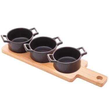 Imagem de Petisqueira Bambu 3 Ramekins Panelinhas Porcelana Preta Servir Petisco