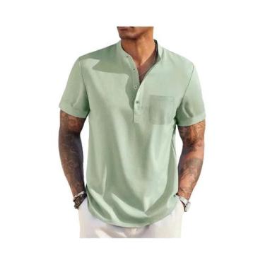 Imagem de Camiseta Masculina De Verão Em Algodão E Linho Com Gola Henley, Leve, 