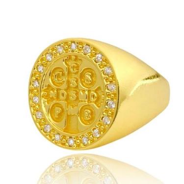Imagem de Anel Masculino de Ouro 18k São Bento Com Pedras Banhado a Ouro - Tropi