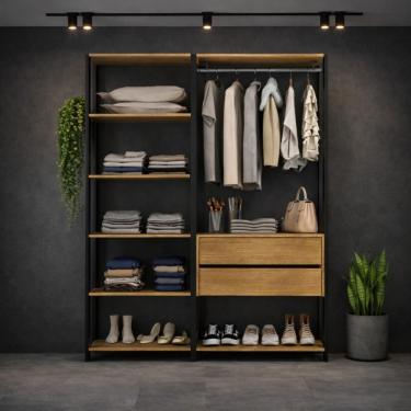 Imagem de Guarda-roupa Closet Modulado Texas 2 Gavetas 135cm Multimóveis Mp4786 Preto/madeirado