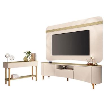 Imagem de Rack Bancada Elara E Painel Armony Com Aparador Fiero Off White Champanhe - Hb Móveis