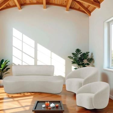 Imagem de Kit Sofá Conjunto Amsterdã 3 Lugares 140cm Bege em Linho com Recamier Curvo e 2 Poltronas