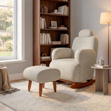 Imagem de Poltrona De Amamentação Aurora Com Puff Balanço Madeira Maciça Tecido Chenille Francês Bege Fendi